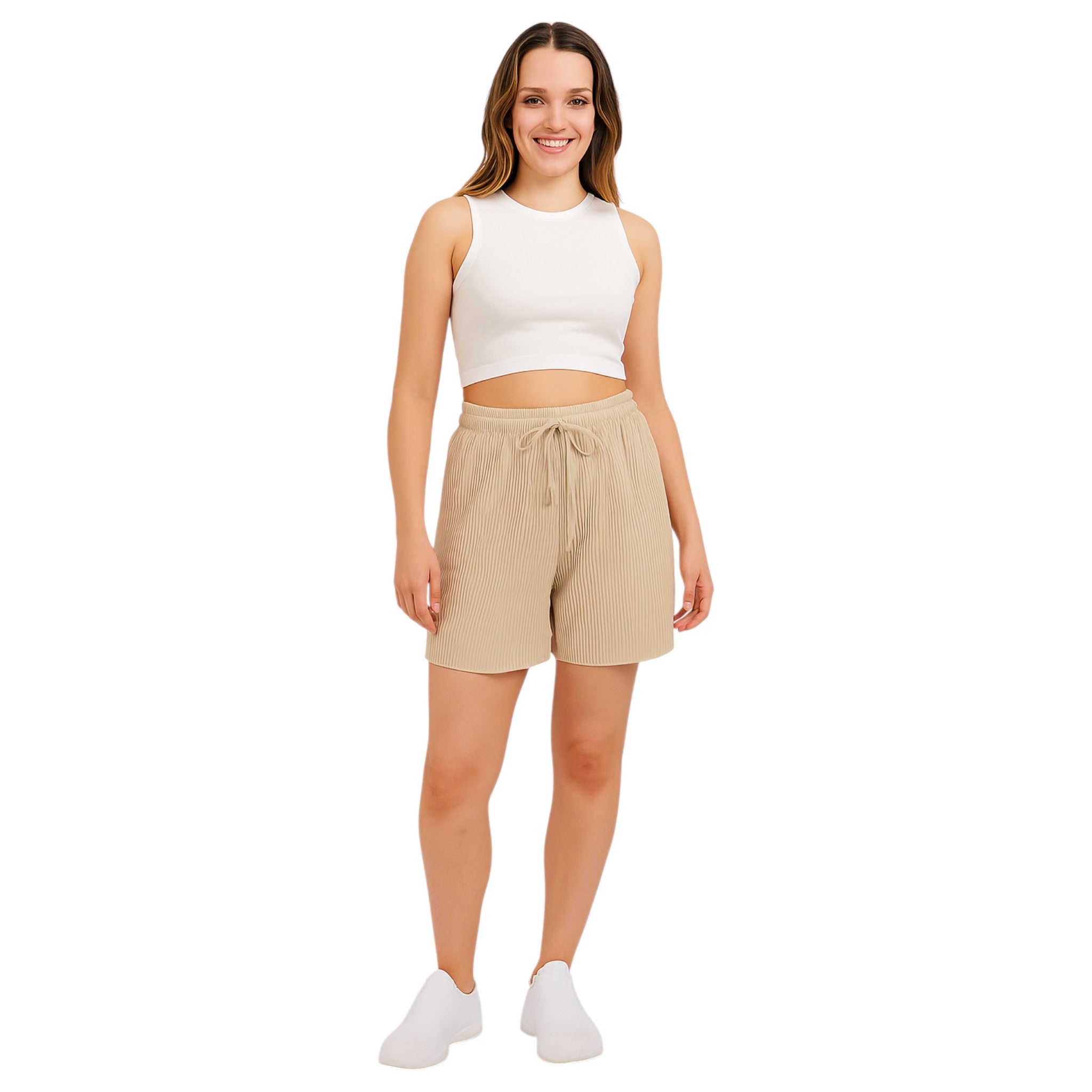 Women's pleated lounge shorts in beige with drawstring waist – soft casual summer shorts